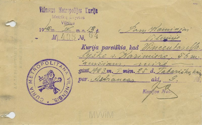 KKE 5499.jpg - Dok. Metryka urodzenia Wincenty Małyszko syn Kazimierza, M/408/nr.64. Wydana przez Kurię Metropolitalną w Wilnie, Wilno, 13 IV 1940 r.